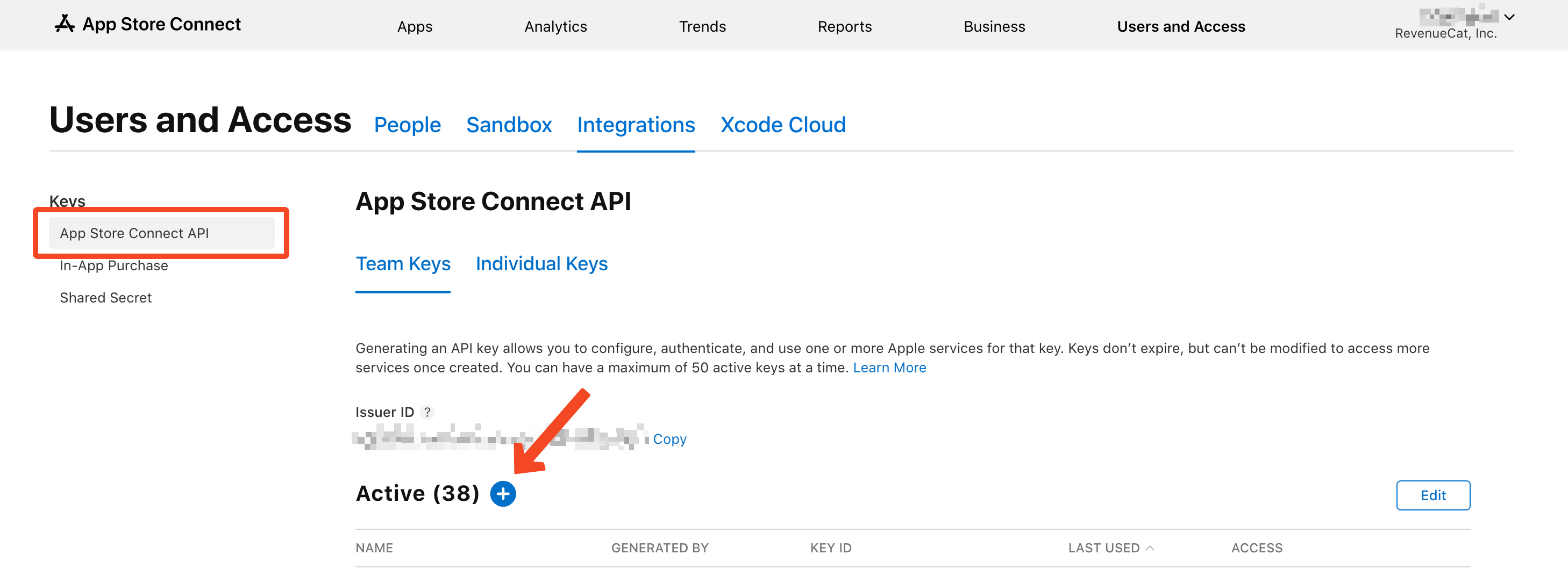 Step 1: Create App Store Connect API Key - Visual guide showing how to create an API key