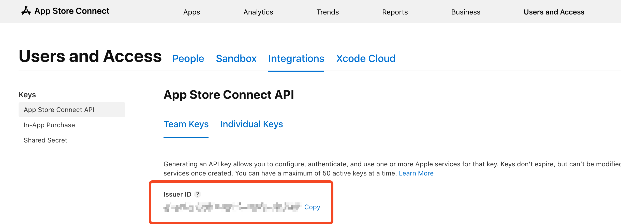 Step 1: Download API Key - Visual guide showing where to find the Issuer ID and download the key