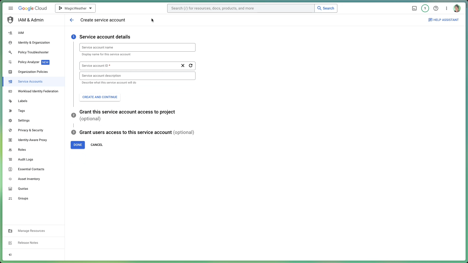 Step 2a: Create Service Account - Visual guide showing how to create a service account
