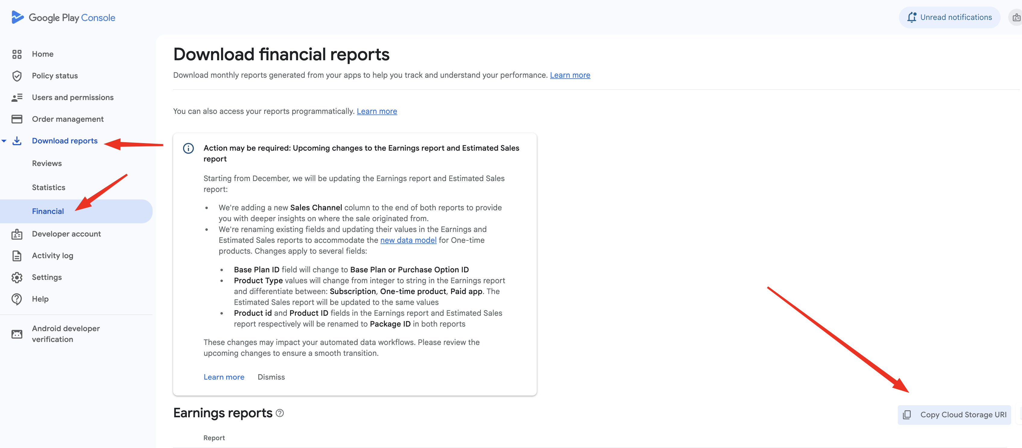 Screenshot showing the Copy Cloud Storage URI button location in Google Play Console Download reports Financial page
