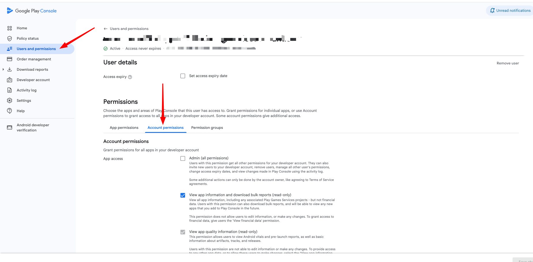 Screenshot showing the Account permissions tab in Google Play Console Users and permissions page
